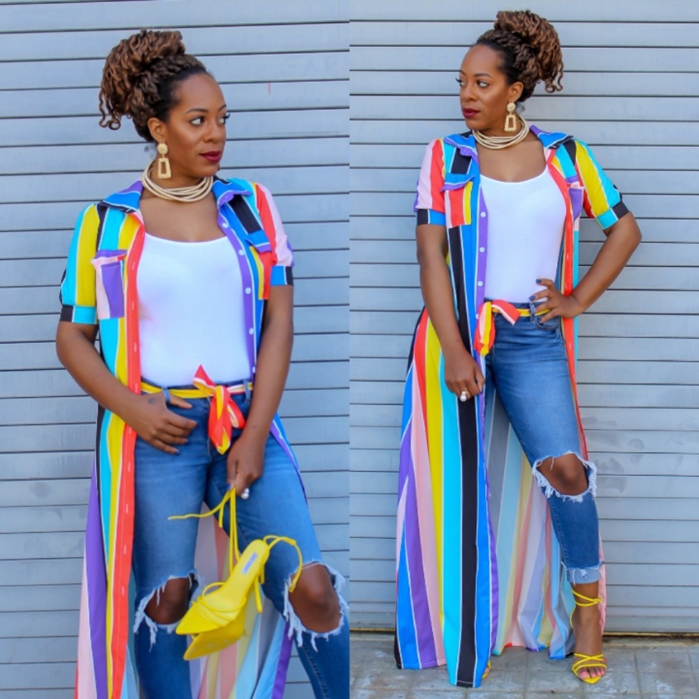 Multicolor Striped Button Down Maxi Duster Dress